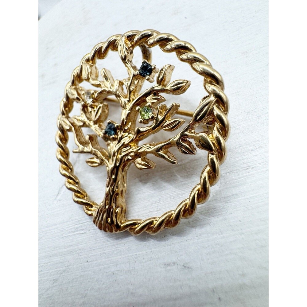 Tree Of Life Small Round Brooch Pendant Colorful Rhinestones - Picture 7 of 8